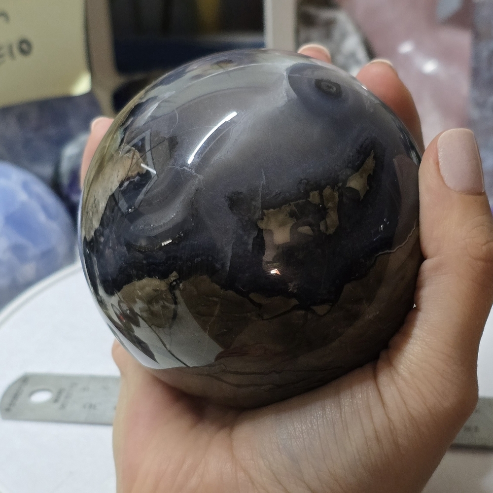LARGE 90mm Volcano Agate Crystal Sphere 2 pounds 2oz With Wooden Stand